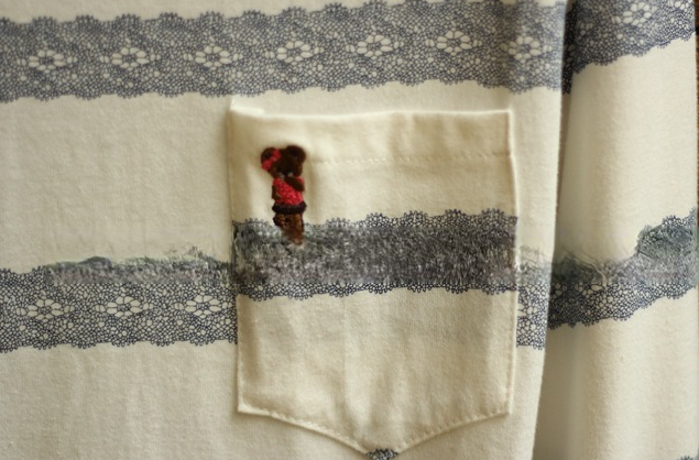 外貿(mào)女裝新款小熊刺繡口袋 清新復(fù)古印花長袖修身打底T恤